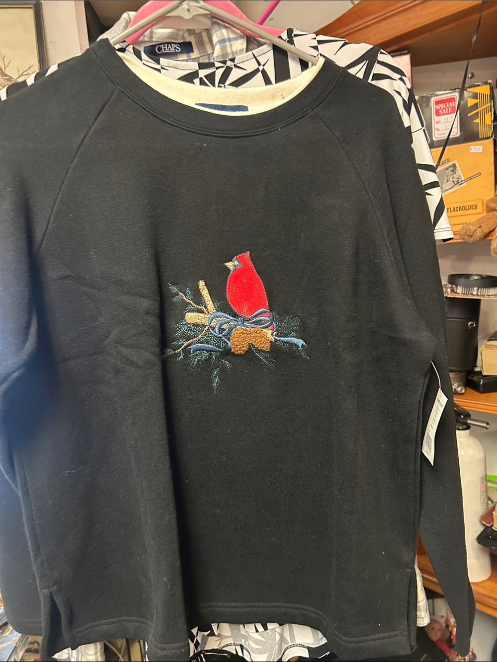 Chaps Black Crewneck Sweater with Red Cardinal Embroidery